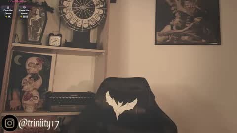 Media: Video of a dark, gothic-themed room with a black bat logo on a chair, a dartboard, and framed artwork.