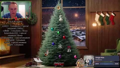 Media: A digital image depicting a cozy living room with a lit Christmas tree, wooden paneling, and a fireplace, overlaid with social media text and user comments.