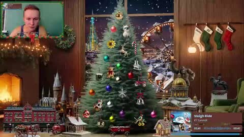 Media: A digitally altered video shows a festive, cozy living room with a decorated Christmas tree, lit fireplace, and holiday-themed ornaments. A man in a tank top stands near the fireplace.