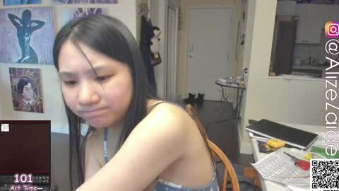 A young Asian woman with long black hair, wearing a gray dress, sits in a cluttered room, surrounded by posters, a table, and a cat.