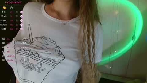 Media: Video of a woman with long, wavy blonde hair, wearing a white t-shirt with a drawing of a milkshake. Background features a green neon light and a dimly lit room.
