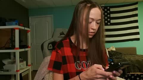 Media: A video of a young girl with long brown hair, wearing a red and black checkered shirt, playing with a smartphone in a cluttered room with a U.S. flag and shelves.