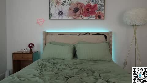 Media: Video of a neatly made bed with green sheets and pillows, white headboard, pink heart decoration, floral painting, beige wall, wooden nightstand, white floor lamp, and QR code.