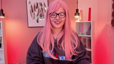 Media: Video of a smiling woman with long pink hair, glasses, and a black hoodie, standing in a cozy room with a red wall, feather artwork, and a white shelf holding sex toys.