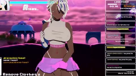 Media: A digital anime-style image featuring a busty, dark-skinned woman with large breasts, wearing a tight crop top and short pink skirt, set against a pink-hued, futuristic landscape.