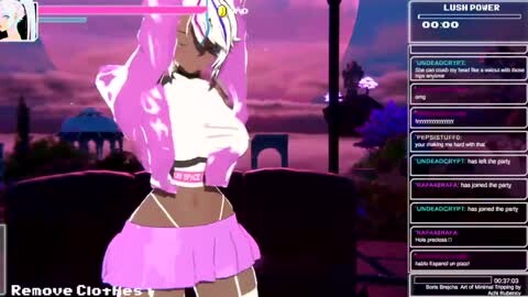 Media: A digital CGI image features a busty, dark-skinned woman in a pink outfit, standing in a futuristic city with a purple sky. Text boxes display chat messages.