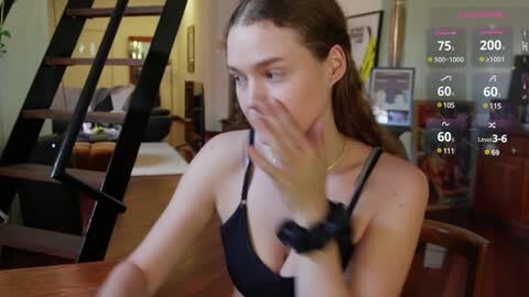 Media: Video of a young woman with long brown hair, wearing a black bra, covering her mouth in shock. She sits at a table in a dimly lit, cluttered living room.