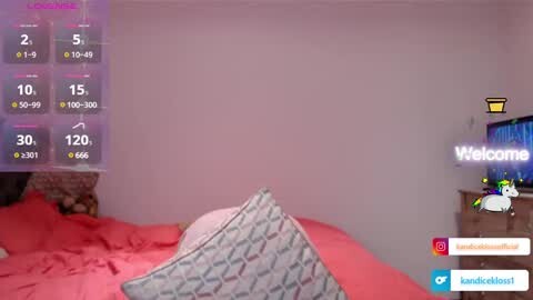Media: A video of a cozy bedroom with a pink wall, a bed covered in red and white geometric-patterned pillows, a TV screen displaying a \"Welcome\" message, and a social media profile icon.