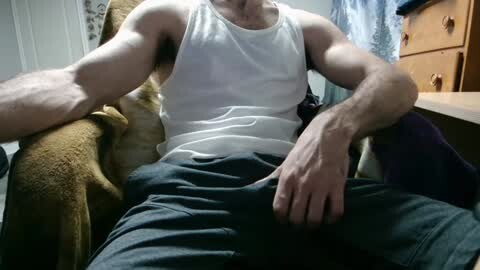 Media: Video of a shirtless, muscular man with light skin, wearing a white tank top and dark pants, sitting on a brown couch, with visible tattoos on his arms.