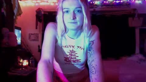 Media: Video of a young blonde woman with tattoos, wearing a white tank top with a thank you message, in a dimly lit bedroom with string lights and a cat.