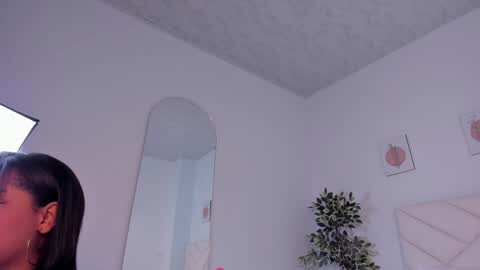Media: A video of a modern, minimalist bedroom with white walls, a tall, thin mirror, and a potted plant. The room is lit with soft, natural light.