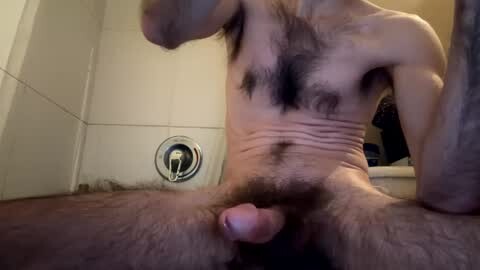 Media: A video of a nude, fair-skinned man with a hairy chest and pubic area, sitting on a tiled floor. His uncircumcised penis is visible, and he is in a dimly lit bathroom.