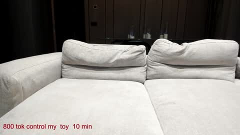 Media: Video of a beige sectional sofa with two plush cushions in a dimly lit room, featuring dark wooden cabinets in the background. Text reads, \"800 lok control my toy 10 min.\
