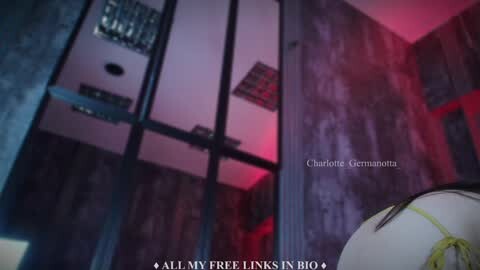 Media: Video of a dark, industrial room with a large mirror reflecting a person in a white dress with a yellow sash, illuminated by red light. Text overlay reads \"A Lull My Free Links in Bio.\