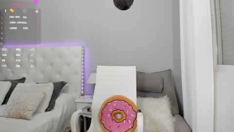 Media: Video of a modern, minimalist bedroom with a white tufted headboard, gray curtains, and a white fur throw on a bed. A large, realistic-looking pink doughnut sits on a white easel in the foreground.