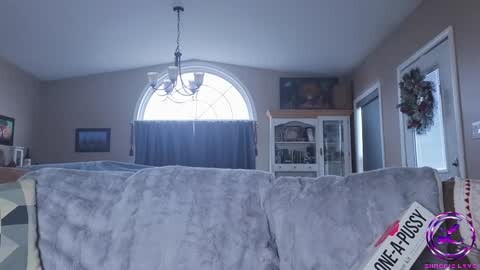 Media: A video of a cozy, dimly lit living room with a plush grey sofa, a large arched window, a decorative chandelier, and a glass cabinet adorned with holiday decorations.
