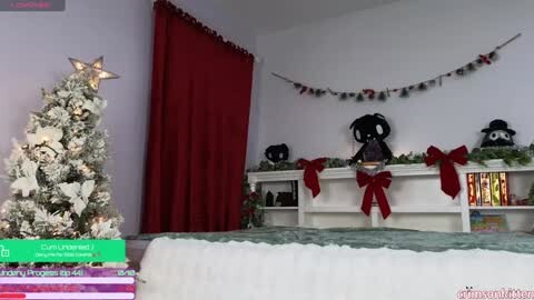 Media: A video of a festive bedroom with a Christmas tree, plush toys, a bed with white bedding, red curtains, and a white bookshelf adorned with holiday decorations and books.