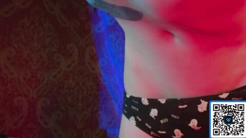 Media: Video of a close-up of a person wearing black panties with white duck prints, with a colorful abstract background featuring blue and red hues.