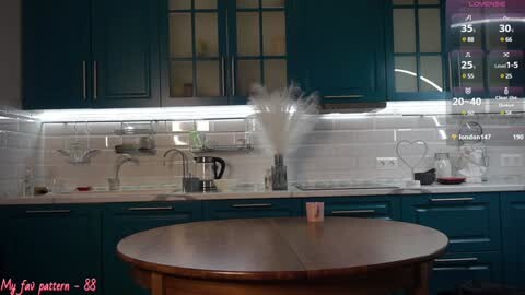 Media: Video of a modern kitchen with teal cabinets, white subway tile backsplash, stainless steel appliances, and a wooden countertop with a candle centerpiece. A digital clock displays 20:30, and \"My new pattern\" is written in the bottom left corner.