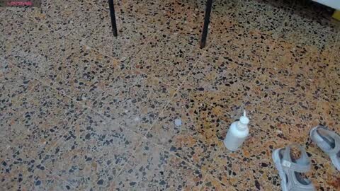 Media: A video of a tiled floor with a speckled pattern in beige, brown, and black, featuring a white plastic bottle and a pair of silver shoes.