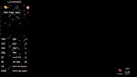 Media: A screenshot of a video game interface, displaying a black background with a list of icons and statistics on the left, including \"LOVENCE,\" \"5000\" score, and \"Clear The Queue\" instructions.