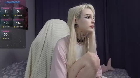 Media: Video of a young, pale-skinned, blonde woman with angel wings, wearing a light pink sweater, sitting on a bed with a dark gray bedspread. A digital weather display shows 30 degrees.