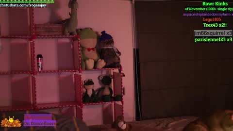 Media: Video of a dimly lit bedroom with a red shelf holding plush toys, a camera recording, and a chatbox with active messages.