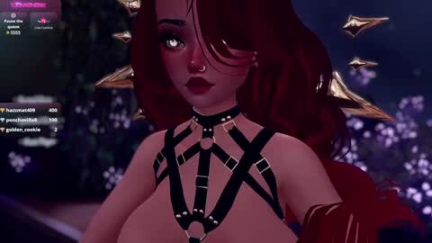 Media: Photorealistic CGI of a voluptuous, red-haired woman with large breasts, wearing a black strappy harness and golden ear jewelry, set against a dark, starry night sky.