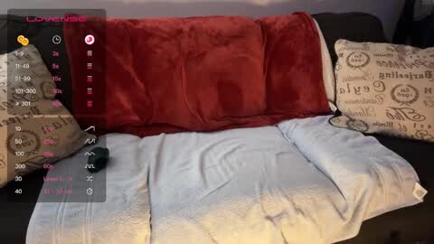 Media: Video of a cozy living room with a plush red velvet couch, light blue and beige throw pillows, and a soft blanket.
