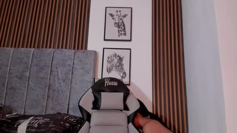 Media: Video of a modern bedroom with a grey upholstered headboard, two framed black-and-white animal illustrations on white walls, and a black and white gaming chair.