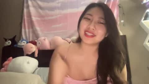 Media: Video of an East Asian woman with long black hair, wearing a pink strapless dress, smiling in a bedroom with plush toys, pastel curtains, and soft lighting.