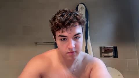 Media: Video of a shirtless young man with curly brown hair and fair skin, looking pensive in a bathroom with beige tiles, a towel rack, and a framed surfboard.