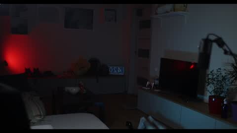 Media: A dimly lit bedroom with a red glow, featuring a bed with messy sheets, a desk with a lamp, a TV, a potted plant, and scattered personal items.