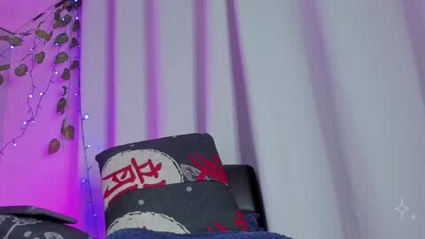Media: Video of a dark grey pillow with red kanji characters on a white curtain backdrop, adorned with fairy lights and greenery, creating a cozy, bohemian atmosphere.