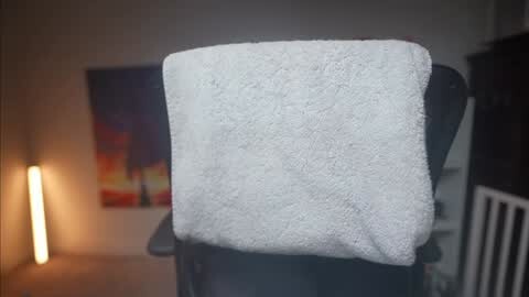 Media: A video of a white, fluffy bath towel draped over a black pet gate in a dimly lit room with a colorful abstract painting in the background.