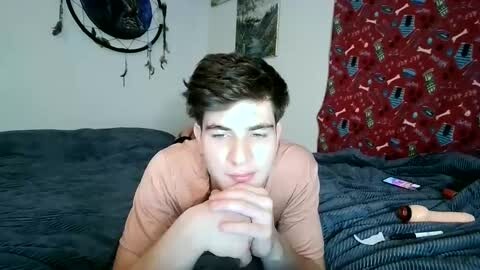 Media: Video of a young man with short brown hair, lying on a bed, wearing a light pink T-shirt, hands clasped near his chin, in a cozy bedroom with a blue bedspread, red patterned tapestry, and dreamcatcher on the wall.
