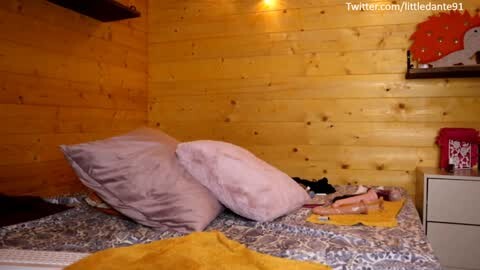 Media: Video of a cozy, wooden-paneled bedroom with a yellow bedspread, two plush pillows, a stuffed animal, and a red toy box, featuring a Twitter handle \"TwiteraPolledante91\" in the top right.