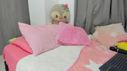 Media: Video of a girl's cozy bedroom with a plush bunny, pink and white pillows, and a blanket featuring stars on a bed, surrounded by gray curtains.