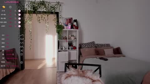 Media: Video of a modern, minimalist bedroom with white walls, a fur rug, a leopard-print pillow, and a white bed. A white shelving unit holds green plants, a TV, and books.