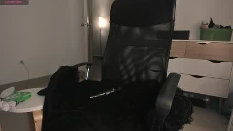 A dimly lit room with a black mesh office chair, a white desk, a tall floor lamp, and a green storage bin on a wooden dresser, all under soft lighting.
