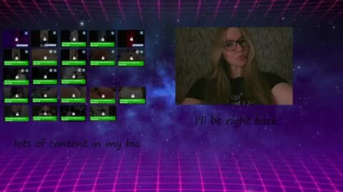 Media: A video of a woman with long blonde hair, glasses, and a black shirt, standing in front of a textured gray wall. Below, a grid of 12 green text boxes with images and text, set against a purple grid background.
