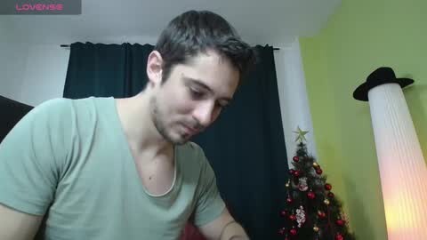 Media: Video of a young man with short dark hair, wearing a green t-shirt, looking at a Christmas tree with ornaments and a star on a green wall, in a room with dark curtains.