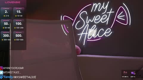 Media: A screenshot from a virtual reality game, featuring a neon sign reading \"my Sweet Alice\" with pink and white lights, and a partially visible character in the background.