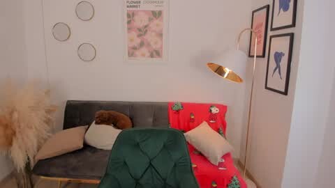 Media: Video of a cozy corner: a grey couch with a plush pillow, a green chair with a festive red blanket, a white wall with framed art, and a beige potted plant.