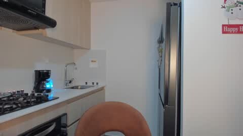 Media: Video of a minimalist kitchen with a stainless steel fridge, beige countertops, white cabinets, a brown chair, and a small sink, showcasing modern and clean design elements.