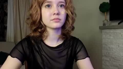 Media: A young woman with fair skin, curly red hair, and freckles, wearing a sheer black top, sits indoors, gazing directly at the camera.