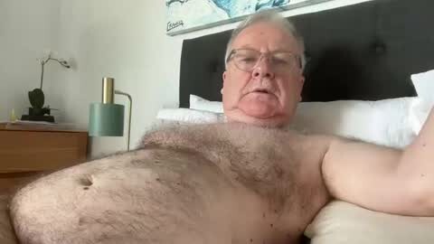 Media: Video of a white, middle-aged man with glasses, a large belly, and gray hair, lying on a bed with a beige headboard. Background includes a wooden nightstand, green lamp, and abstract art.
