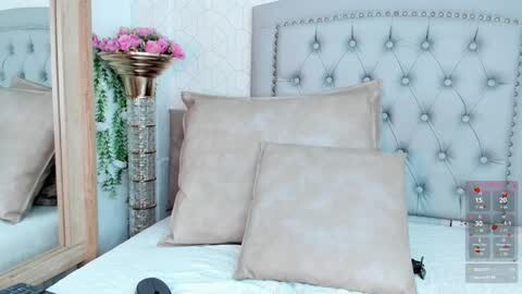 Media: Video of a luxurious bedroom featuring a tufted, light gray headboard, beige pillows, a mirrored wall, a tall, ornate golden vase with pink flowers, and a digital alarm clock.