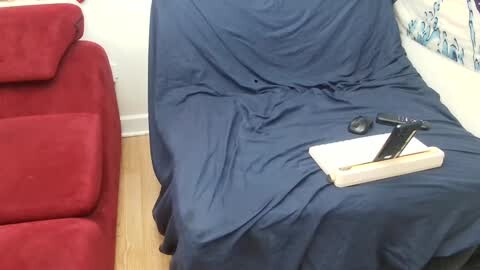 Media: Video of a navy blue-covered chair with a wooden tray holding a smartphone and remote control, next to a red armchair in a living room with light wooden floor.