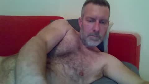 Media: A video of a middle-aged man with a muscular build, short gray hair, and a beard, lying shirtless on a red couch, with a gray pillow. His skin is fair, and his expression is contemplative.